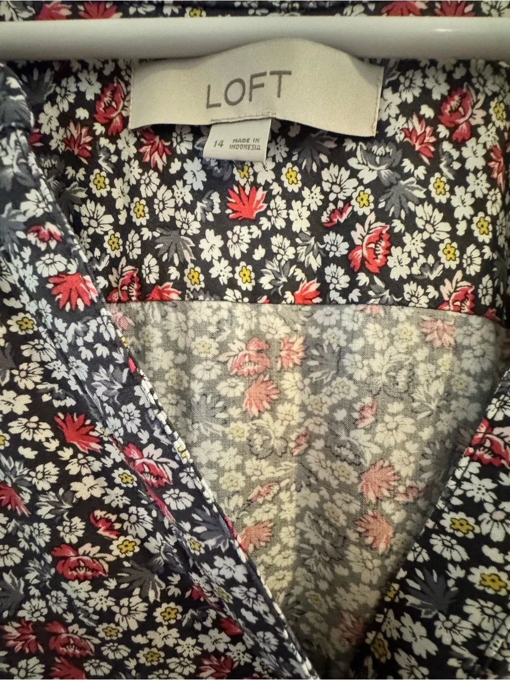 LOFT Pink, White and Black Floral Button-Front Midi Dress